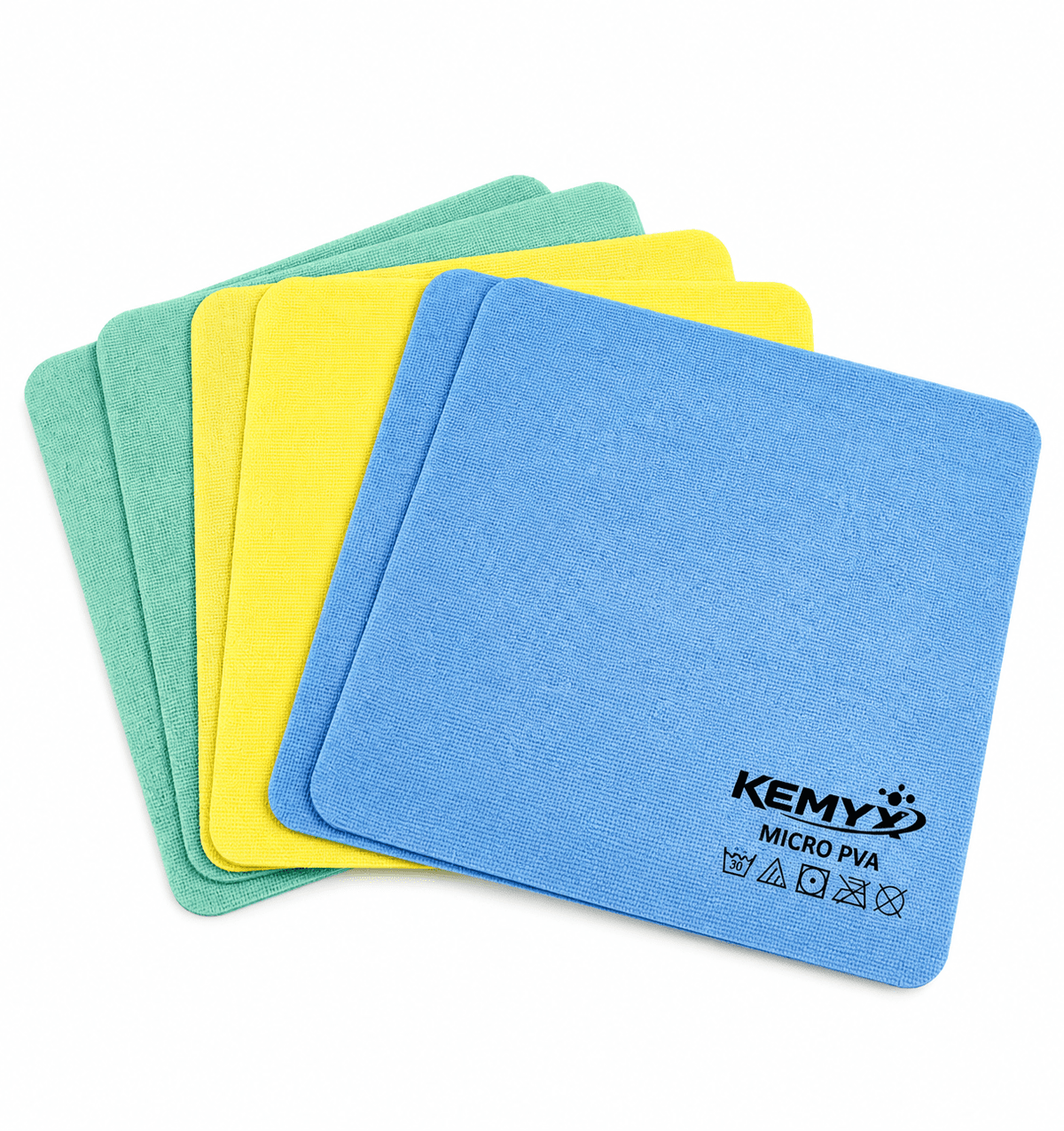 Ensemble de 6 chiffons microfibre PVA Kemyx : deux bleus, deux verts et deux jaunes disposés à plat