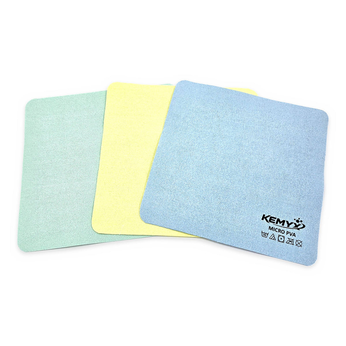 Les trois couleurs de chiffon microfibre PVA Kemyx côte à côte : bleu, vert, jaune